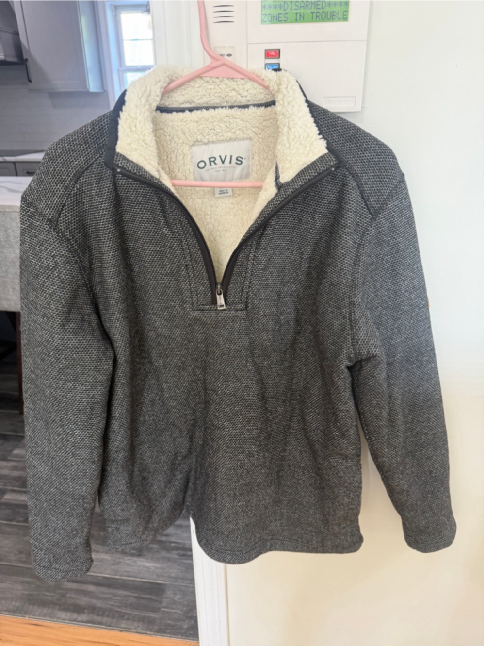 Men's ORVIS Gray Cream Sherpa Lined Quarter Zip Sweater S